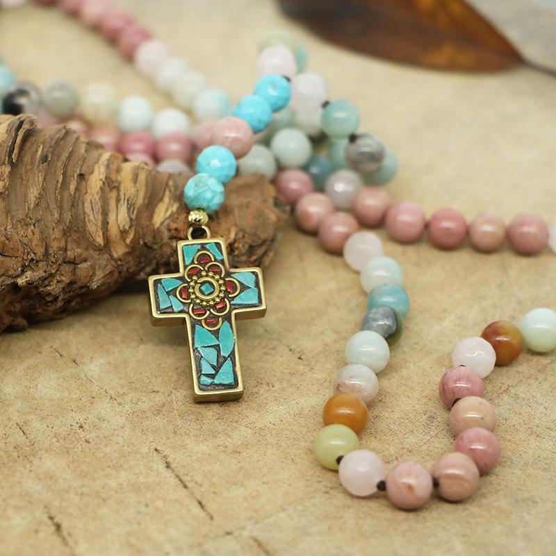 Glaube & Hoffnung Kreuz Amazonit, Rhodonit Und Quarz Halskette