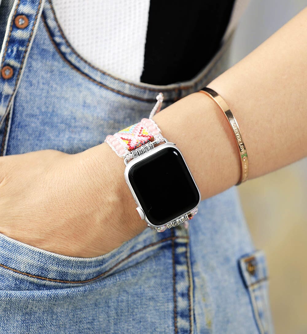Boho Bliss gewebtes Smartwatch-Armband mit Rosenquarz