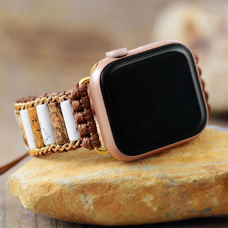 Apple Watch-Uhrenarmband Aus Jute-Jaspis Und Howlit-Edelsteinen