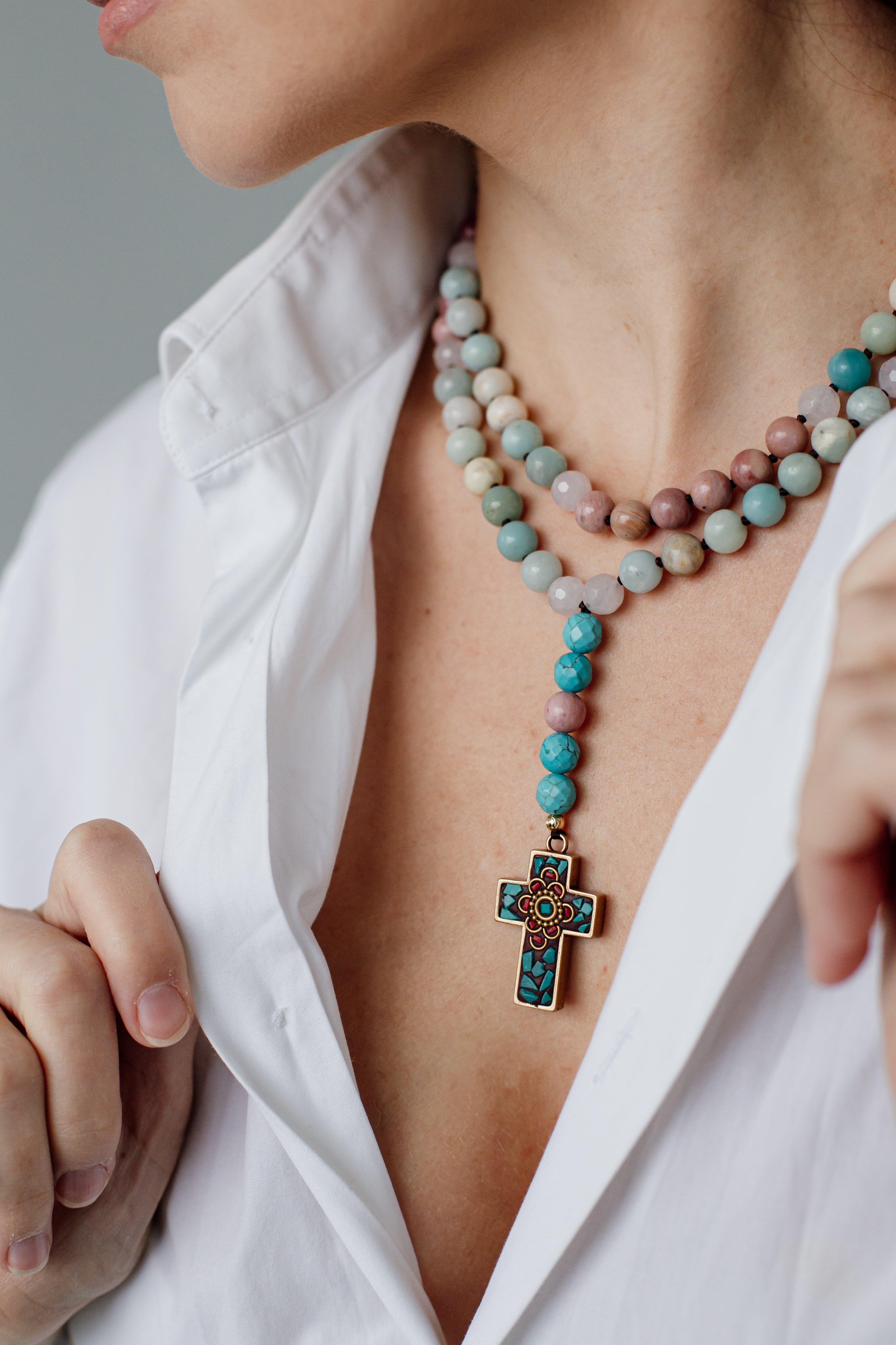 Glaube & Hoffnung Kreuz Amazonit, Rhodonit Und Quarz Halskette